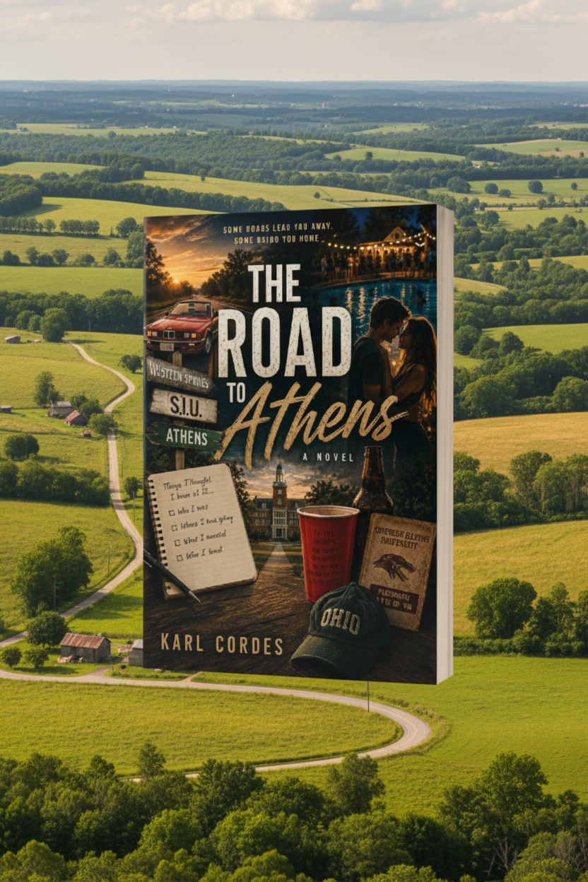 Book cover of 'The Road to Athens' with a couple by a pool, sunset, and signs.